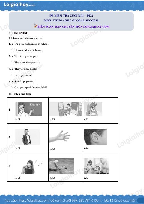 Đề thi học kì 1 Tiếng Anh 3 Global Success - Đề số 2